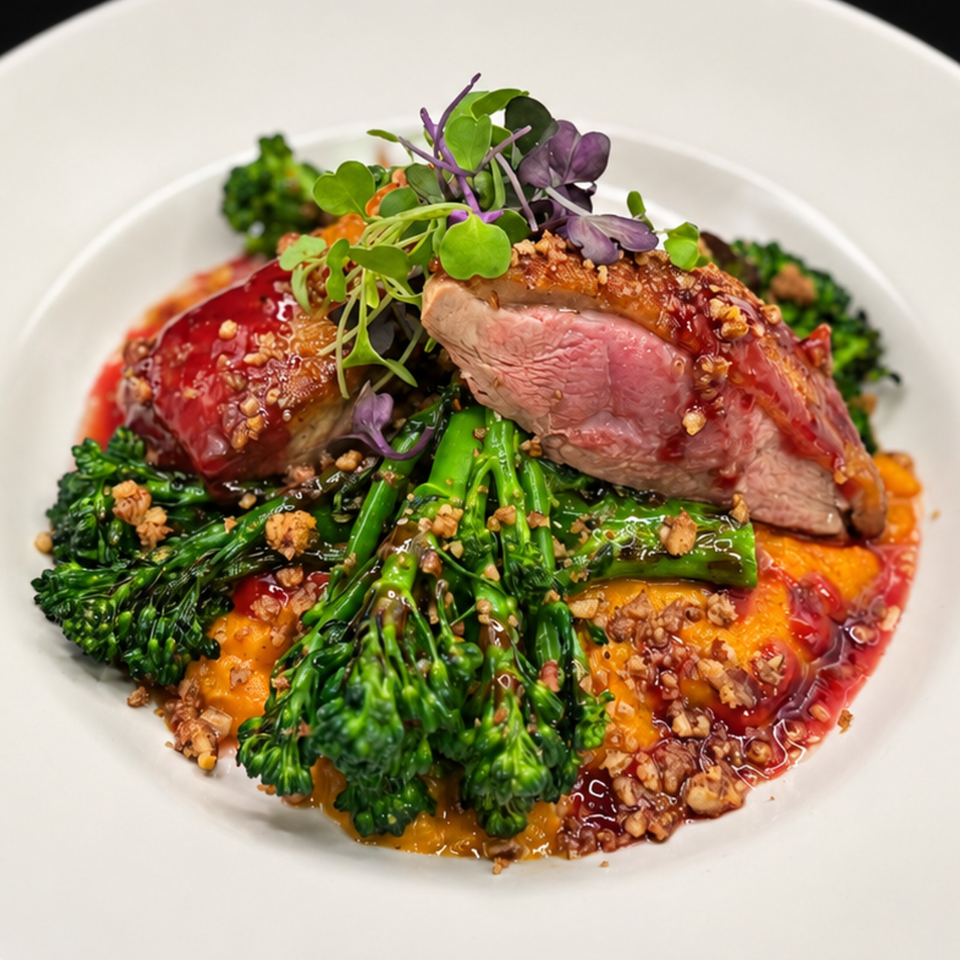 Sliced medium-rare duck breast atop broccolini, roasted vegetables, red sauce, crunchy garnish, and microgreens on a white plate.