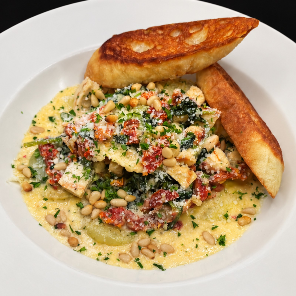 Plated dish with grilled flatbread, creamy sauce, greens, sun-dried tomatoes, feta, pine nuts, and fresh herbs.