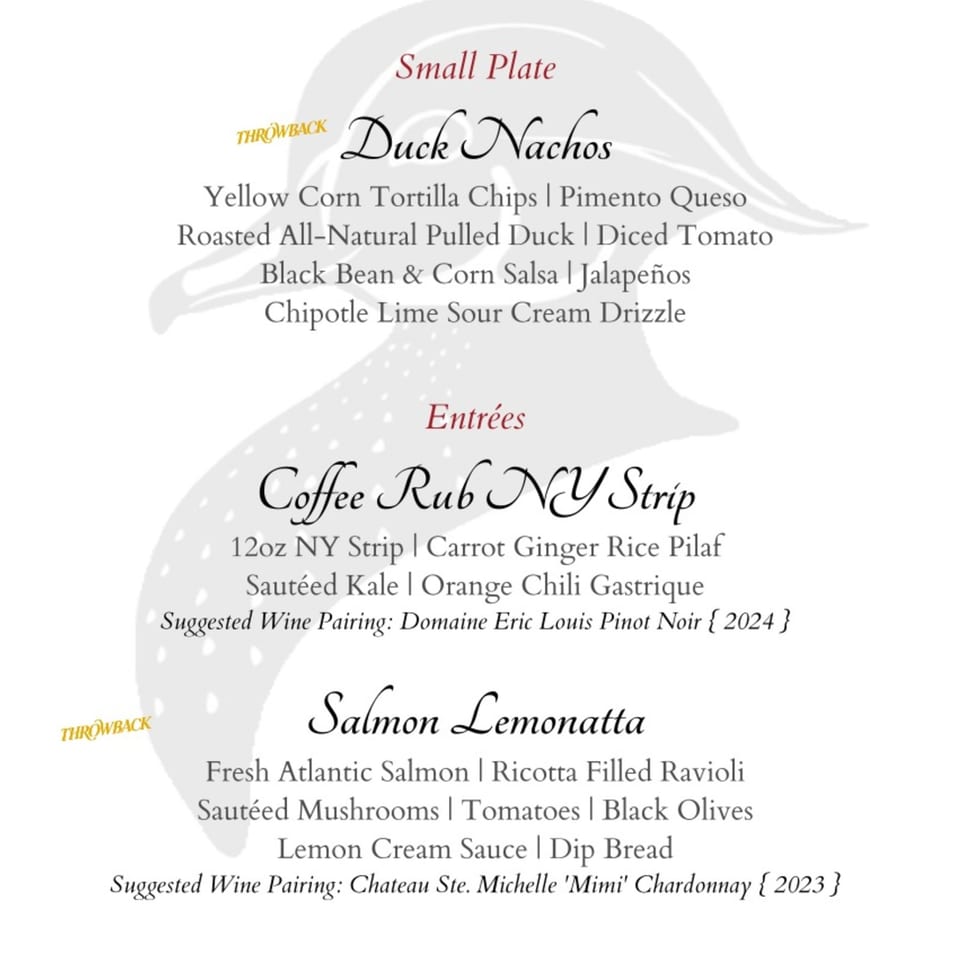 Restaurant menu graphic featuring Duck Nachos, Coffee Rub NY Strip, and Salmon Lemonatta with ingredients and wine pairings.