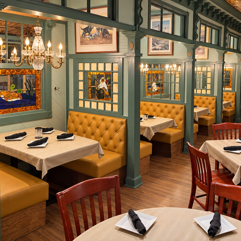 Elegant restaurant dining room with mustard booths, white tablecloths, stained-glass windows, chandeliers, and framed artwork.