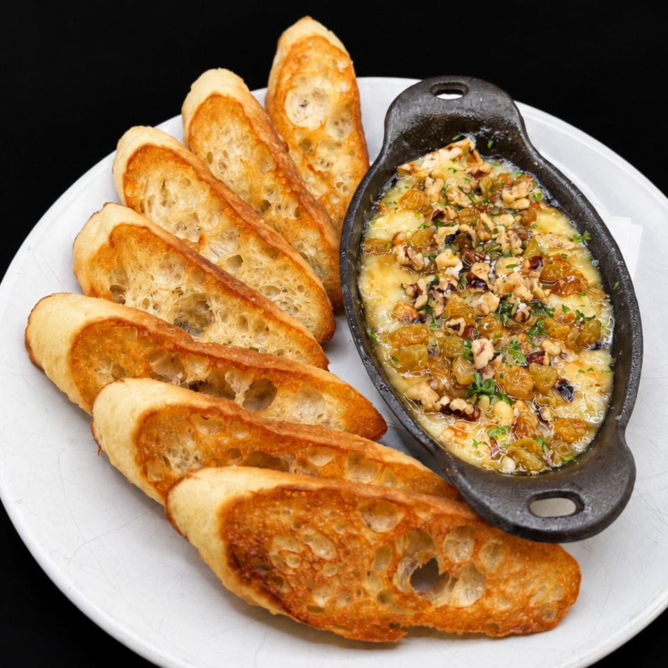 Crispy toasted baguette slices accompany a bubbling cheesy dip topped with chopped nuts and herbs in a black baking dish.