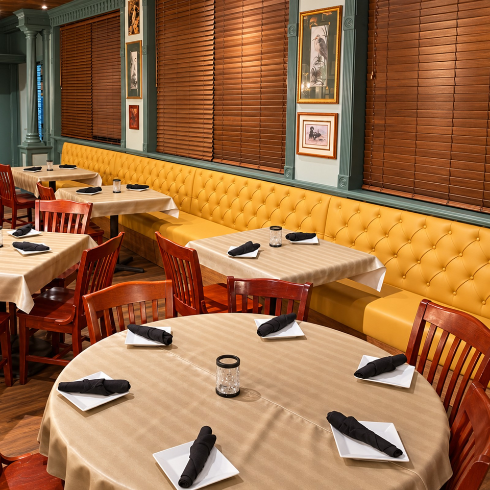 Warm restaurant dining room with yellow tufted banquette, wooden chairs, set tables, window blinds, and framed artwork.