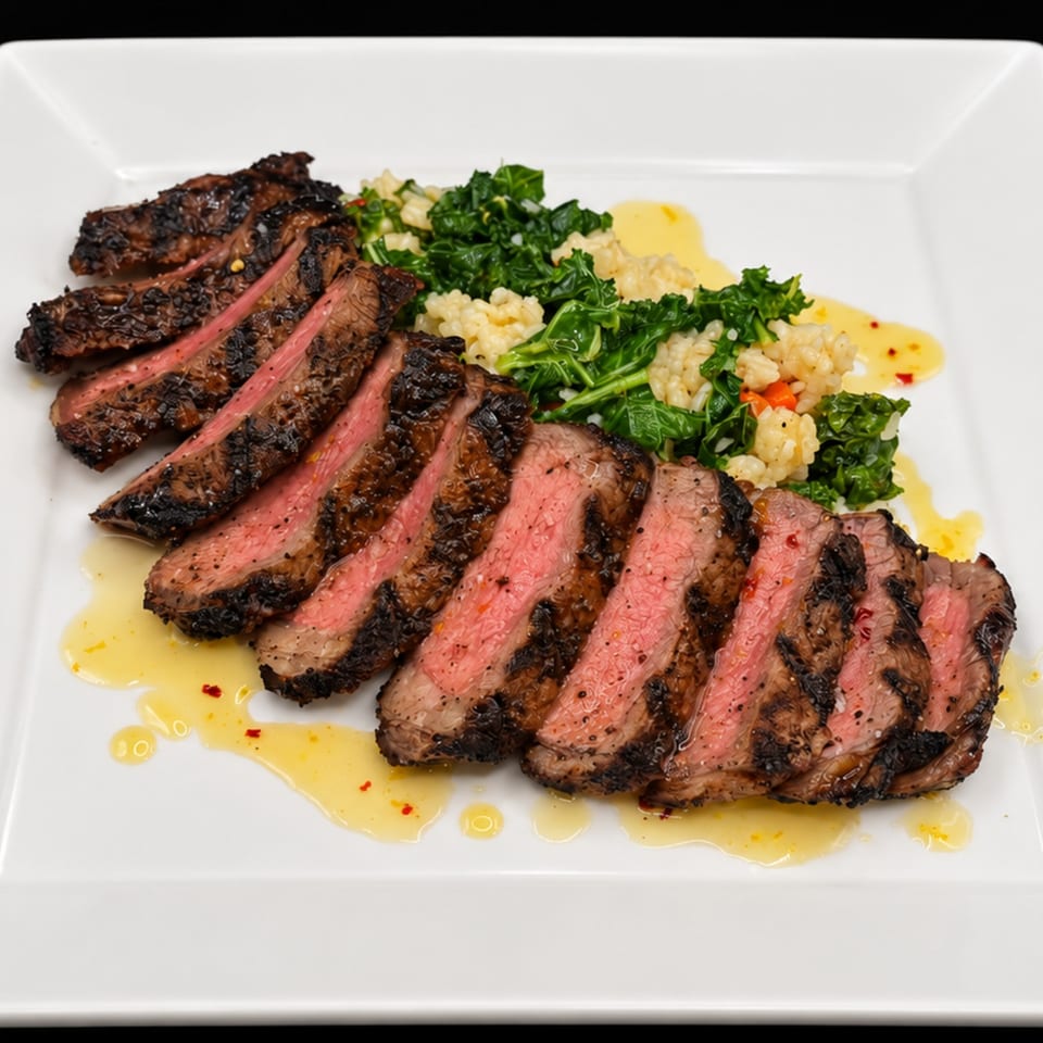 Sliced medium-rare grilled steak with charred crust, creamy rice, leafy greens, and yellow herb sauce on a white plate.