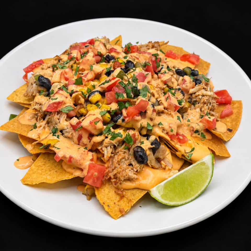 Loaded nachos topped with shredded chicken, cheese sauce, tomatoes, black beans, corn, cilantro, and lime wedge.