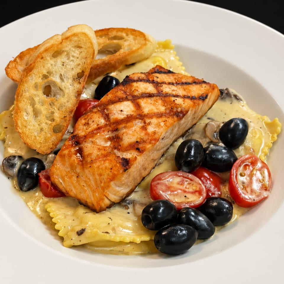 Grilled salmon served over creamy ravioli with olives, cherry tomatoes, mushrooms, and toasted bread.