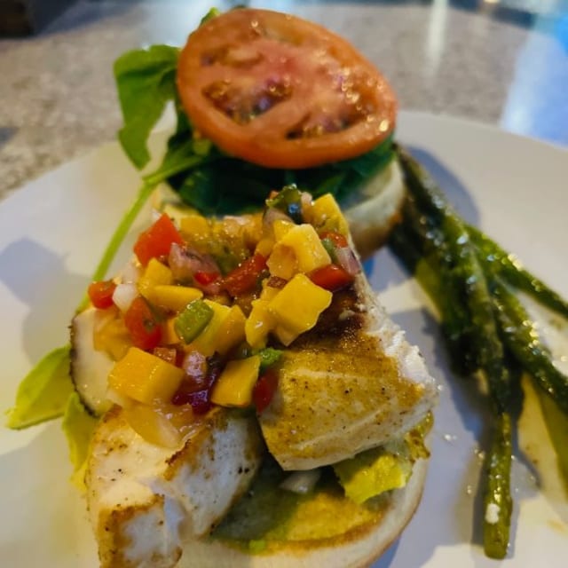 Lunch Caribbean Seared Mahi Sandwich.